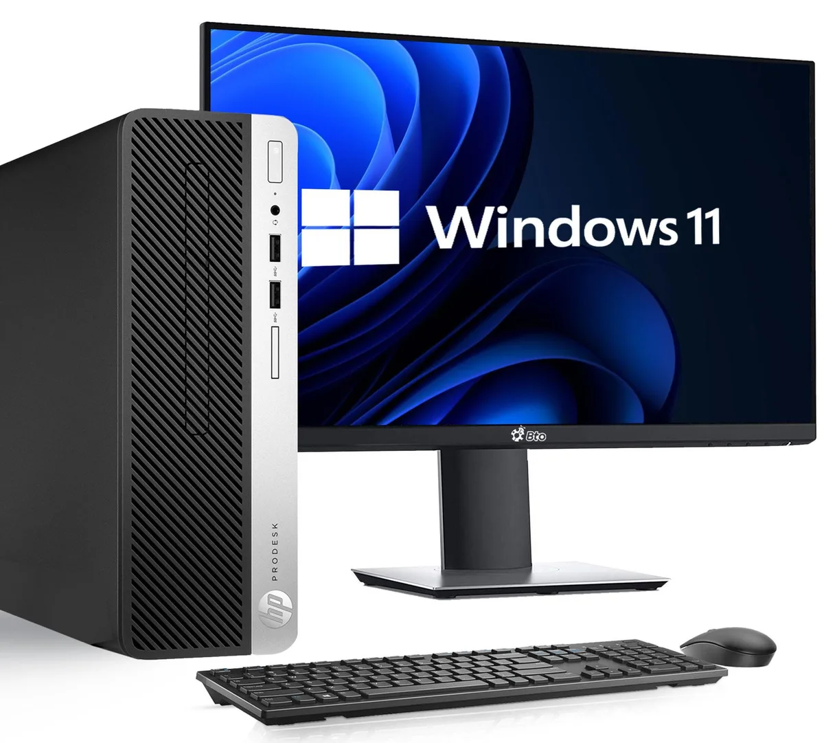 Black HP EliteDesk 600 G4 SFF tower with 24 inch monitor, wireless keyboard and mouse