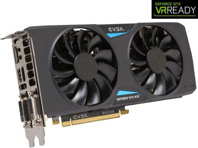 EVGA GeForce GTX 970 graphics card with silver dual-fan ACX 2.0 cooler and metal backplate