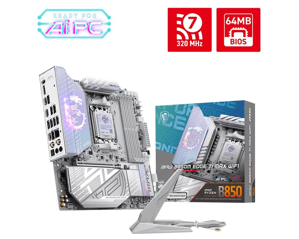 Rectangular micro-ATX board, dark grey finish, silver heatsinks, rear I/O shield attached