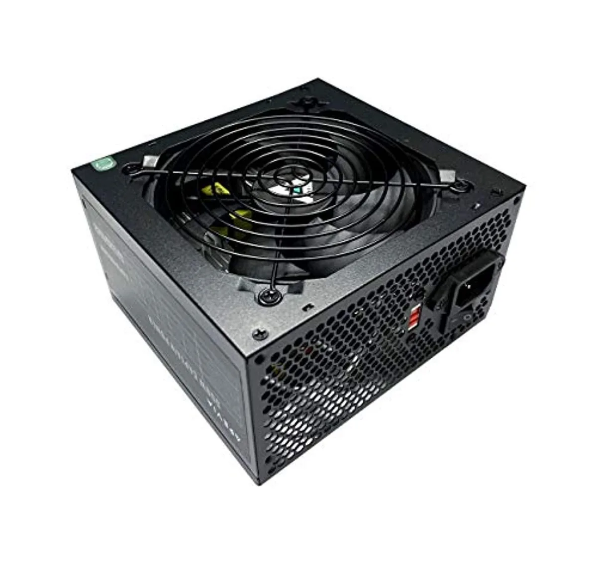 Black rectangular ATX power supply with black cables and 120mm fan