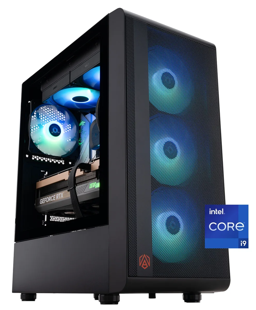 Black mid-tower gaming desktop with RGB memory and 240mm liquid cooler