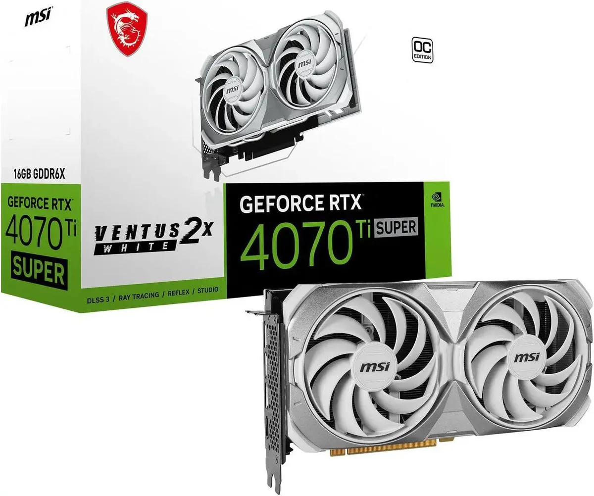 White dual-fan graphics card with silver shroud accents