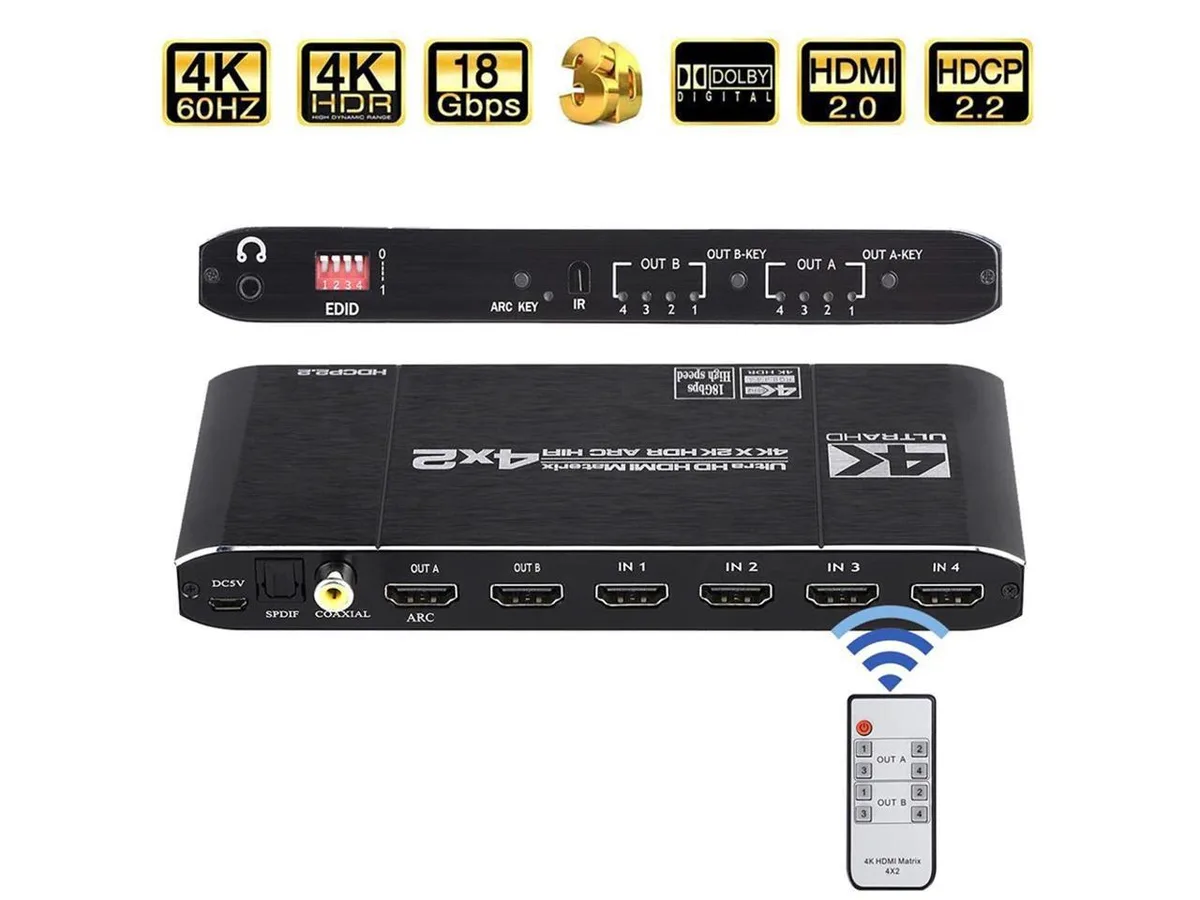 COFIER COFIER 4K@60Hz HDMI Matrix 4x2 Switch Splitter HDCP 2.2 IR Remote Spdif vr accessory — תמונת המוצר