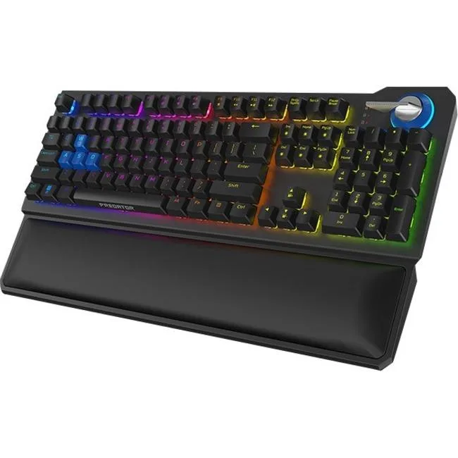 Black full-size mechanical gaming keyboard with textured volume roller and per-key RGB lighting