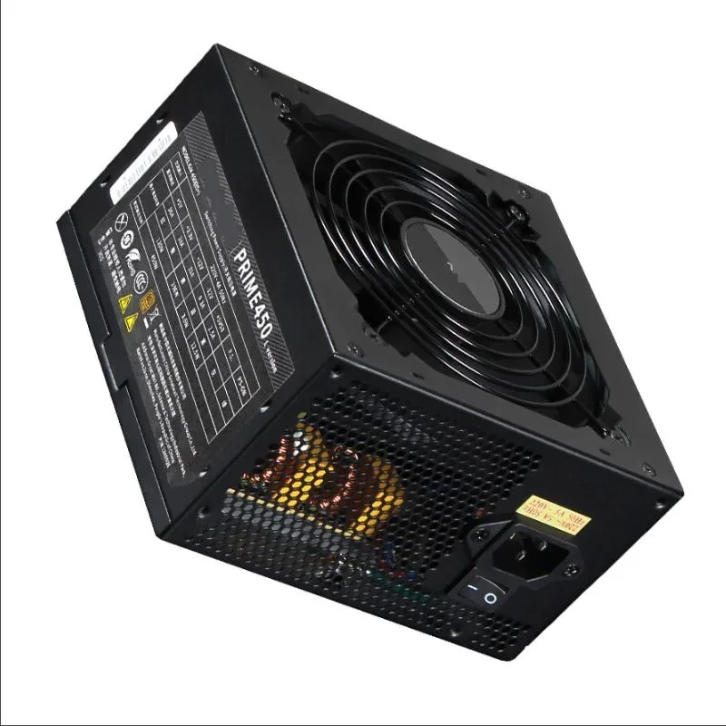 Rectangular ATX power supply unit with matte black finish and cooling fan grille