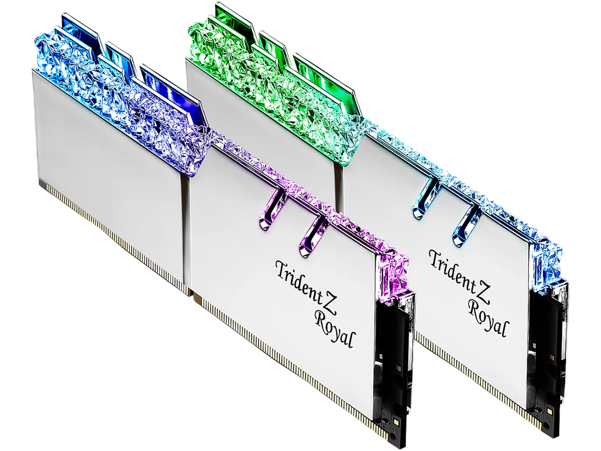Two silver DDR4 DIMMs with mirrored heatspreaders and crystalline RGB light bars