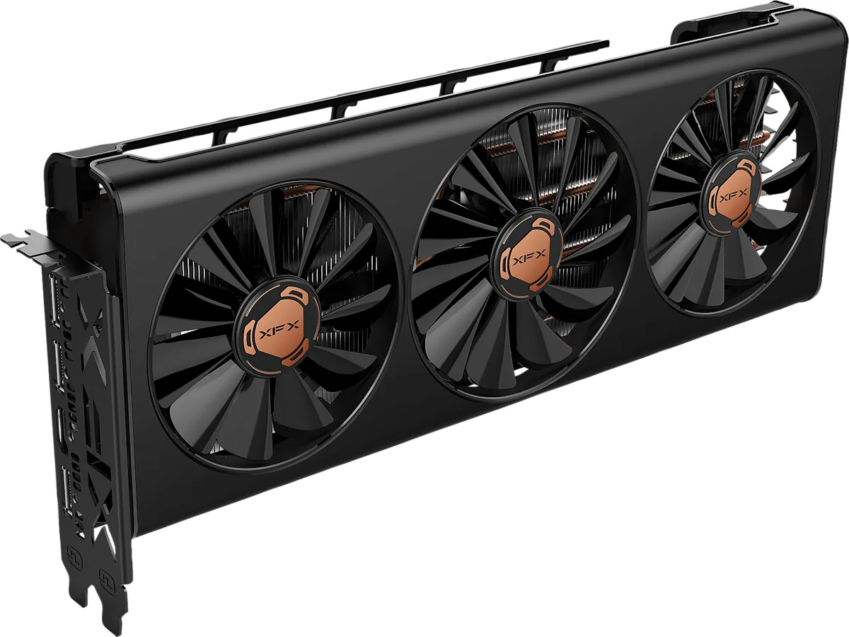 Black triple-fan graphics card with silver accents, PCIe bracket showing one HDMI and three DisplayPort outputs