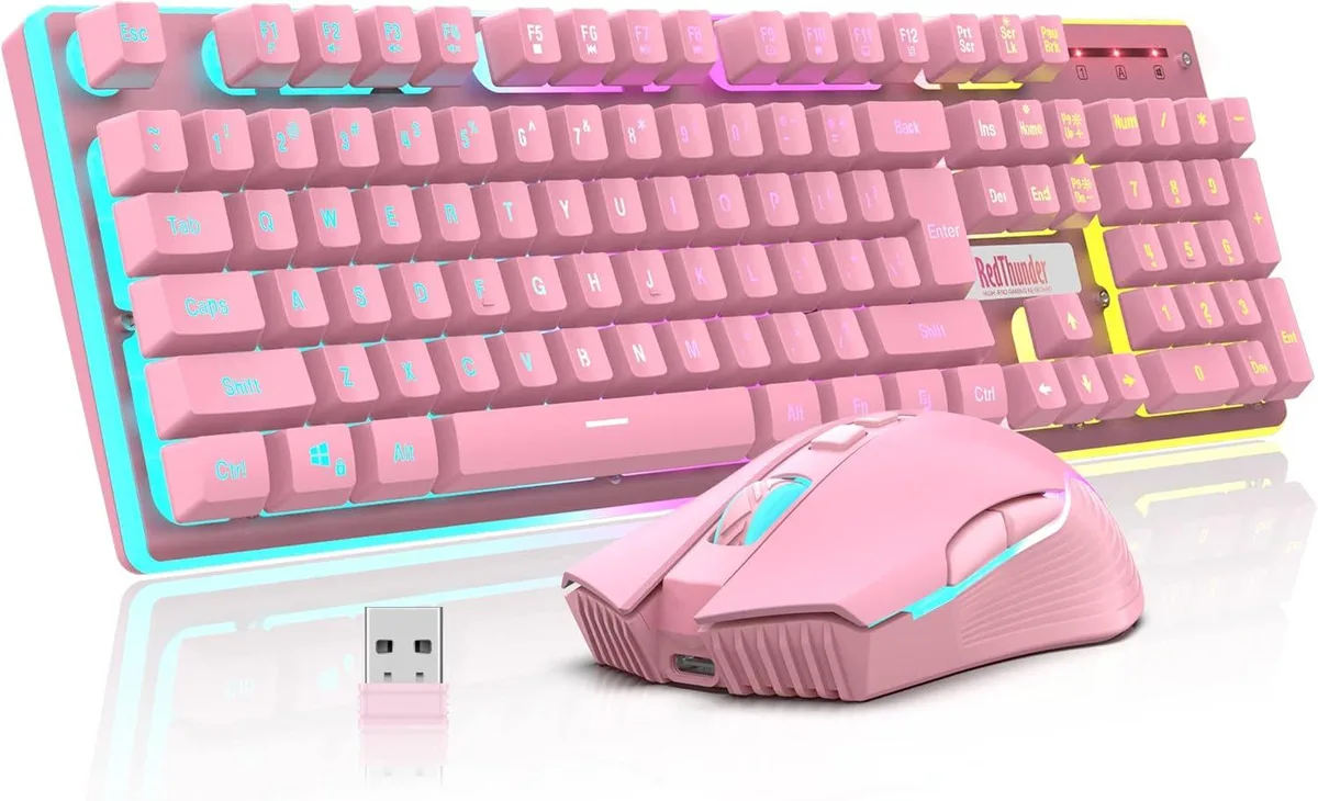 Pink wireless gaming keyboard and mouse combo with LED backlighting