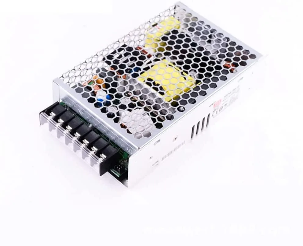 Rectangular metal power supply unit with perforated sides and screw terminals