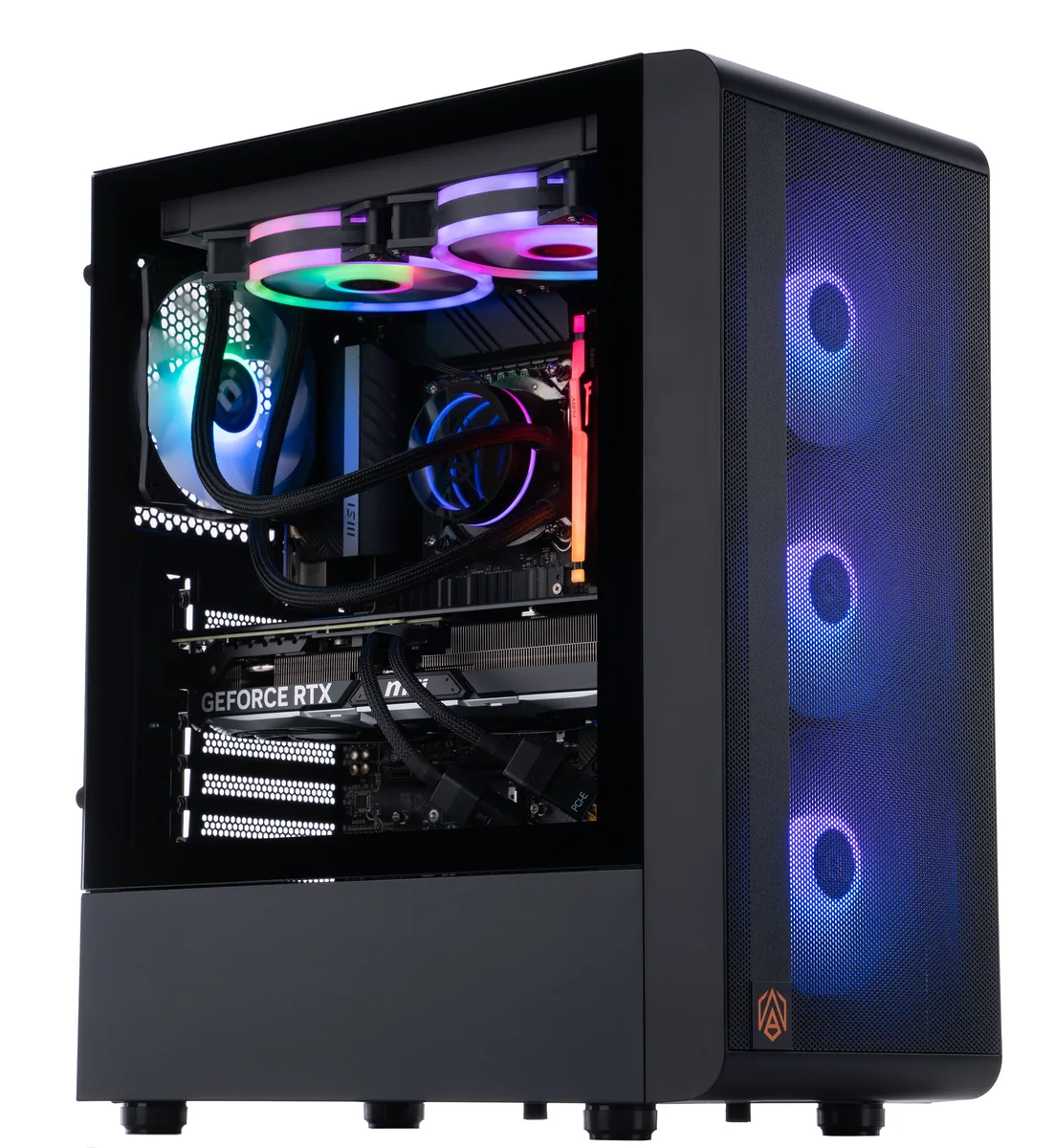 Black mid-tower gaming desktop with RGB liquid cooling visible through side panel