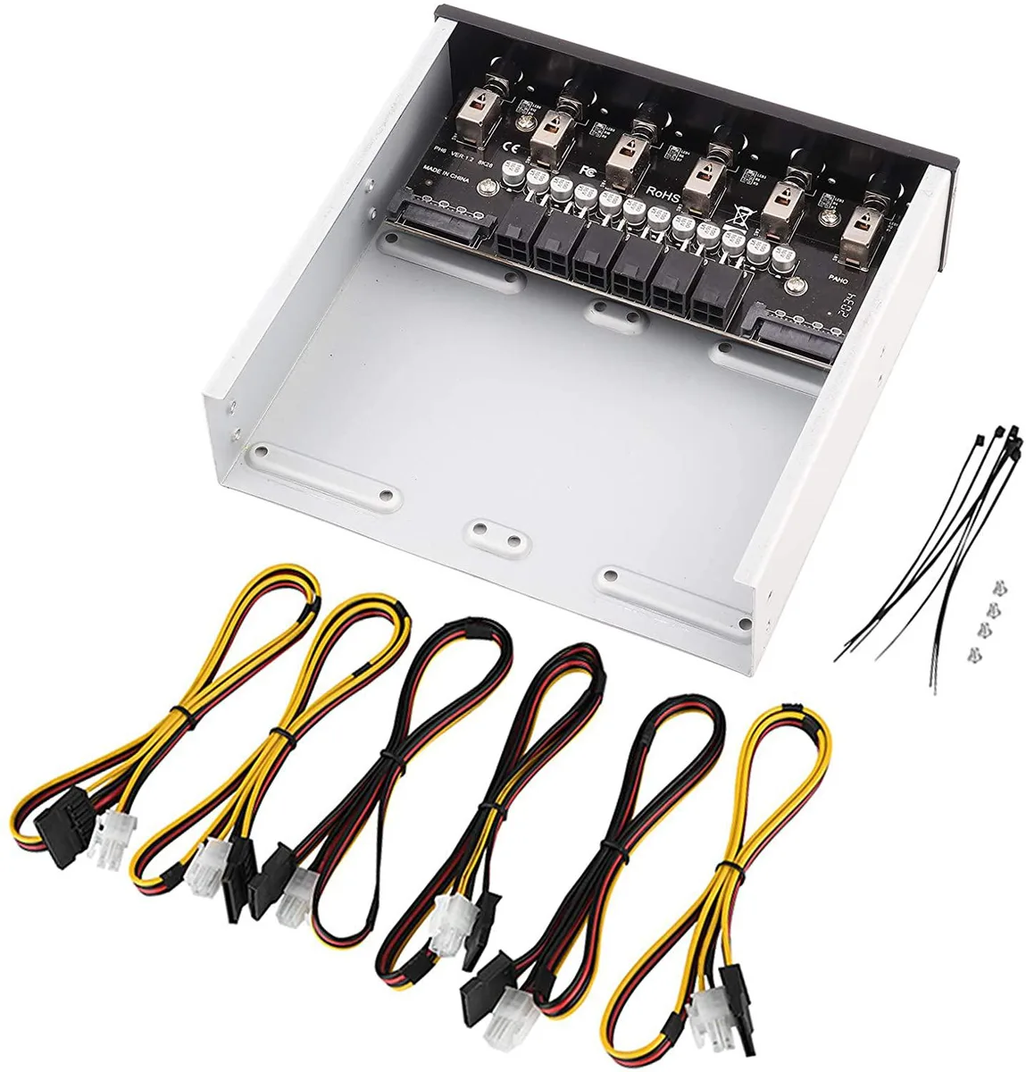 Rectangular plastic and metal power switch with six toggle switches and LED indicators, 5.9 by 5.6 by 1.6 inches