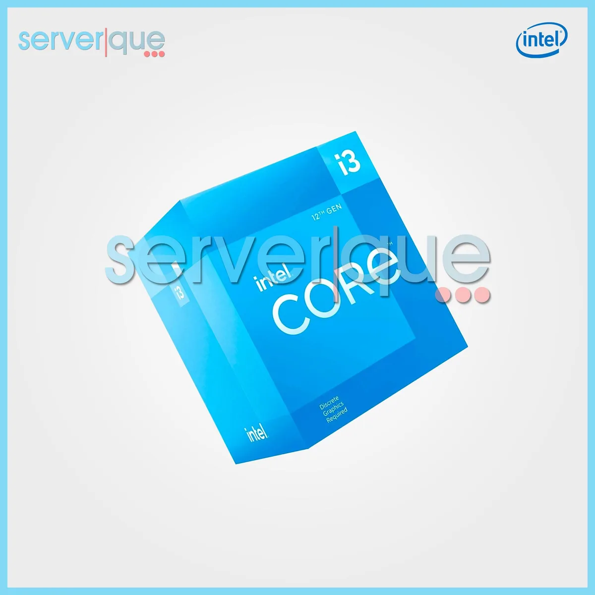 A green square CPU with gold contacts and a silver heat spreader labelled Intel Core i3-12100F