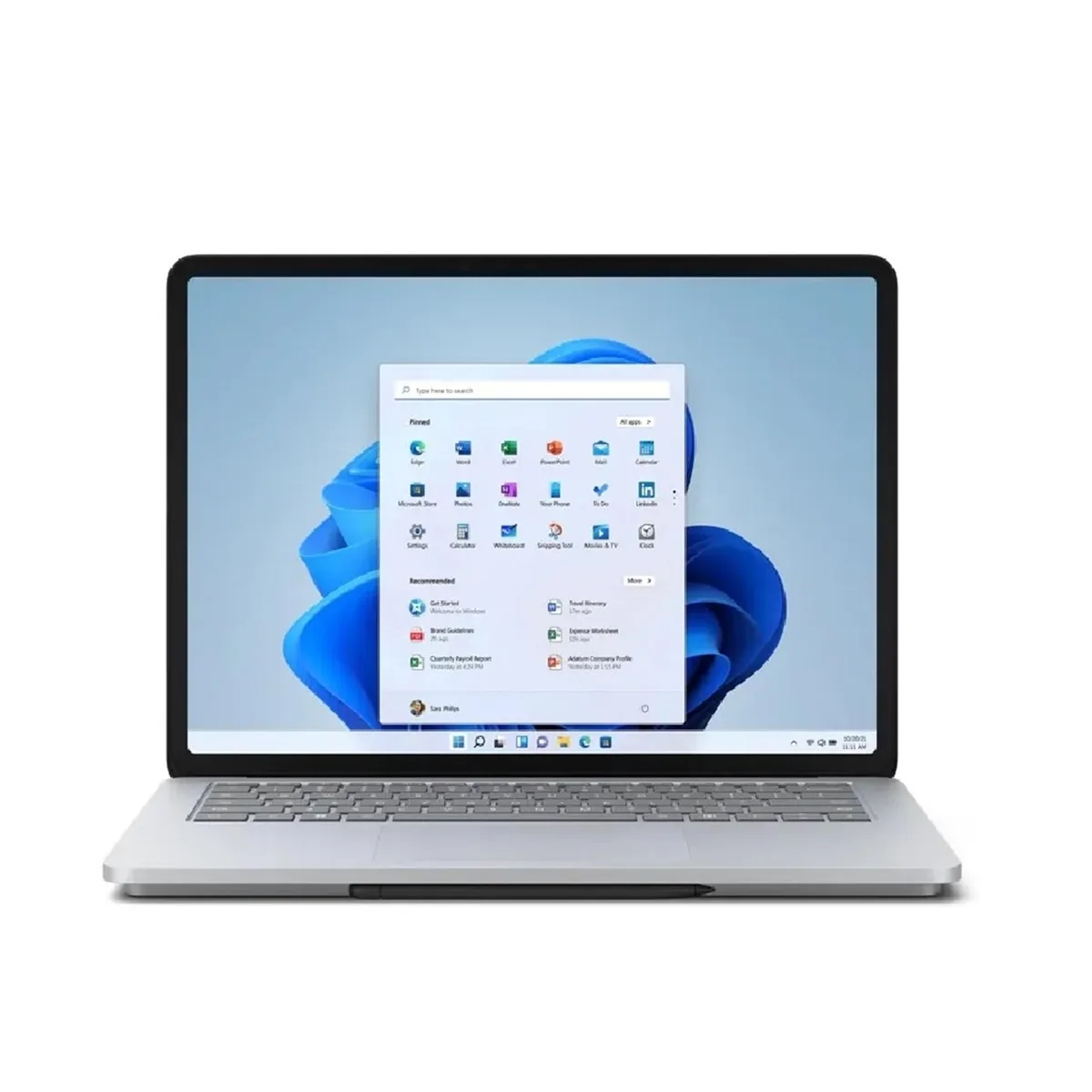 Silver 14.4 inch touchscreen laptop with unique hinge design
