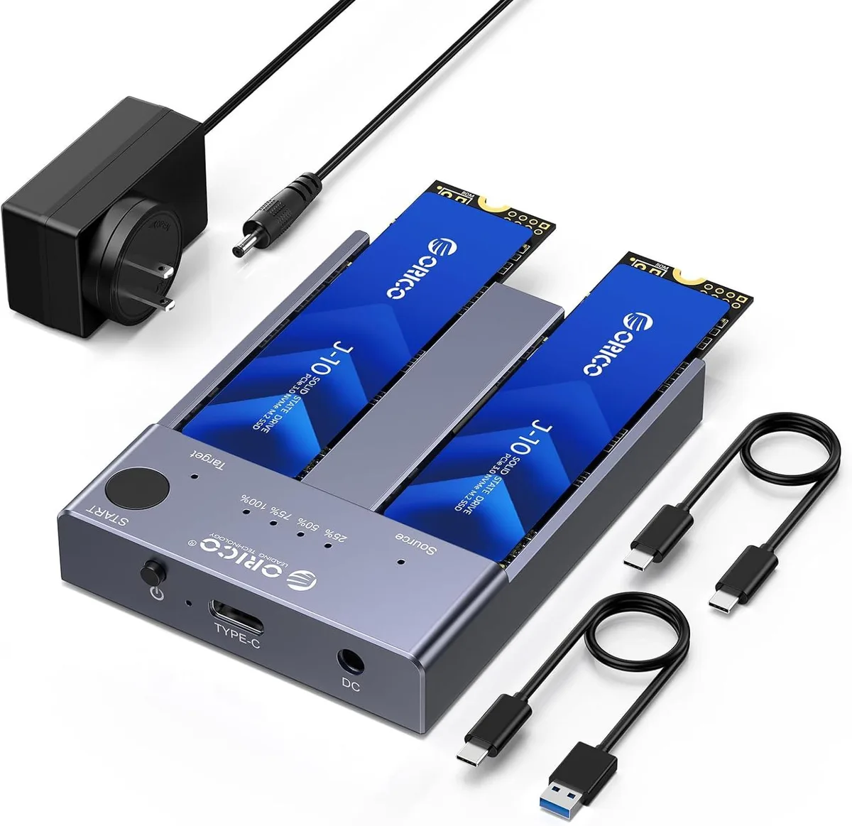 Orico Orico M2P2-C3-C-US-GY-BP dual-bay M.2 NVMe enclosure with offline clone, USB 3.1 Type-C, aluminium, grey — produktbild