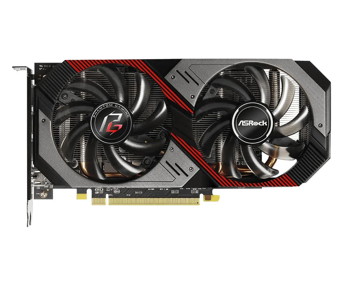 Dual-fan graphics card with metal backplate, black and silver finish
