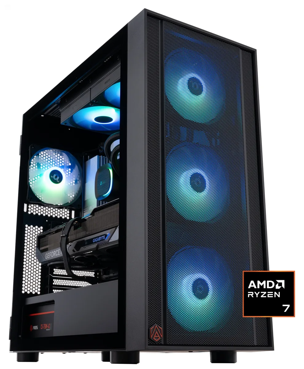 Black mid-tower gaming desktop with RGB memory visible
