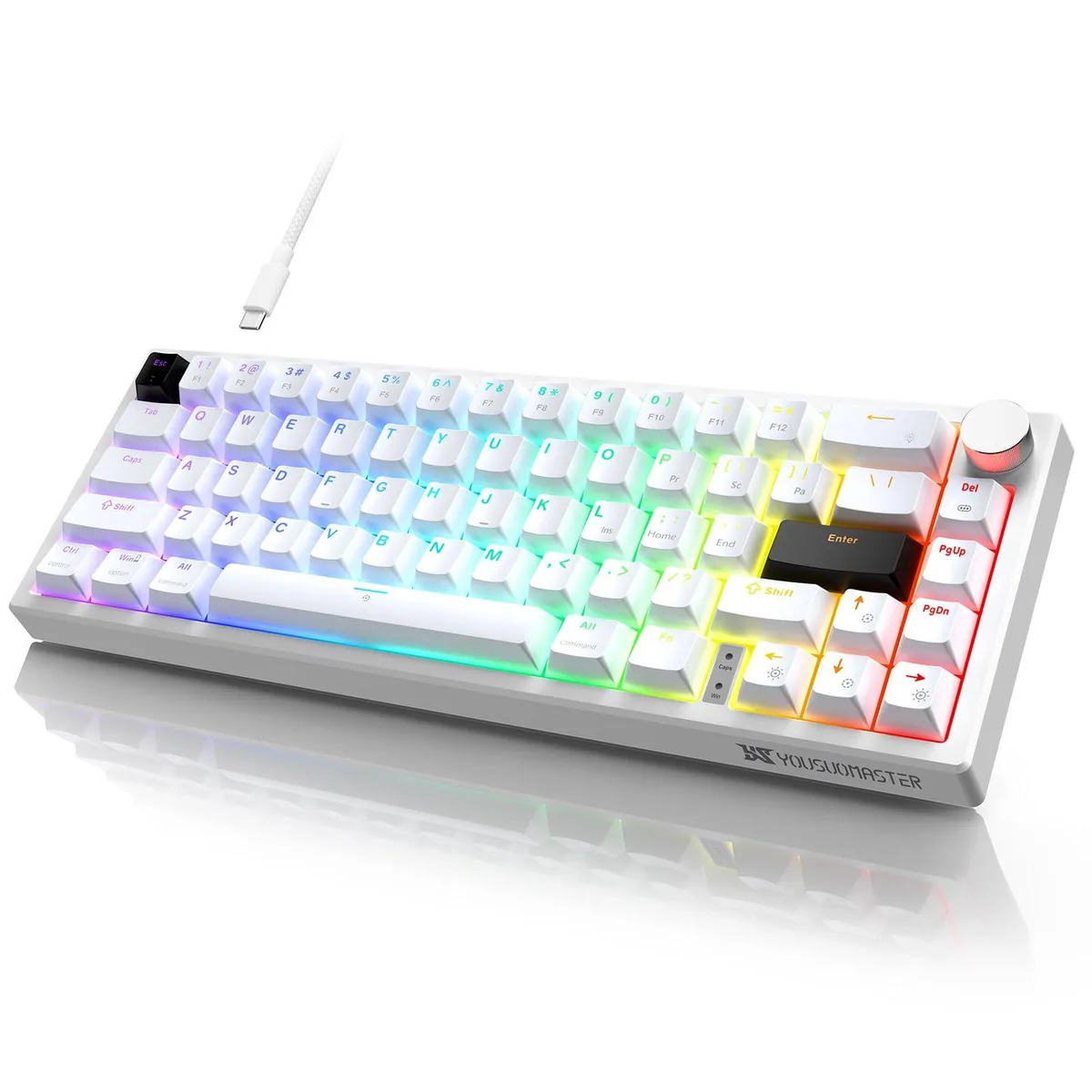 Compact 60 percent mechanical keyboard with 66 keys and a metal volume knob