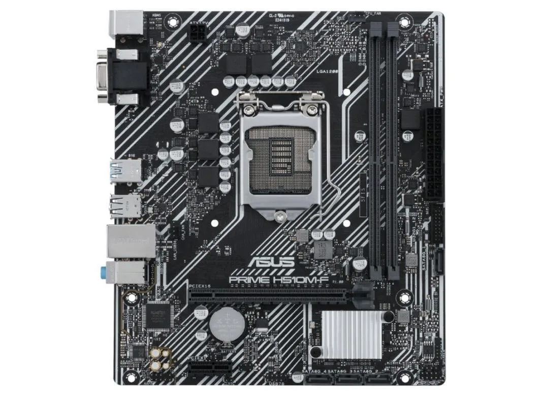 ASUS PRIME H510M-F mATX motherboard in black with silver heatsinks and silver PCIe slot