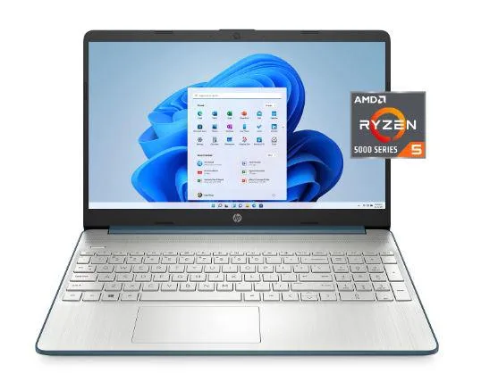 Spruce-blue 15.6-inch HP laptop with Ryzen 5500U, 8GB RAM, 256GB SSD