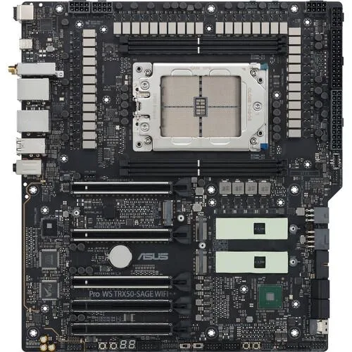 Large rectangular workstation motherboard, dark grey finish with silver heatsinks and black PCB