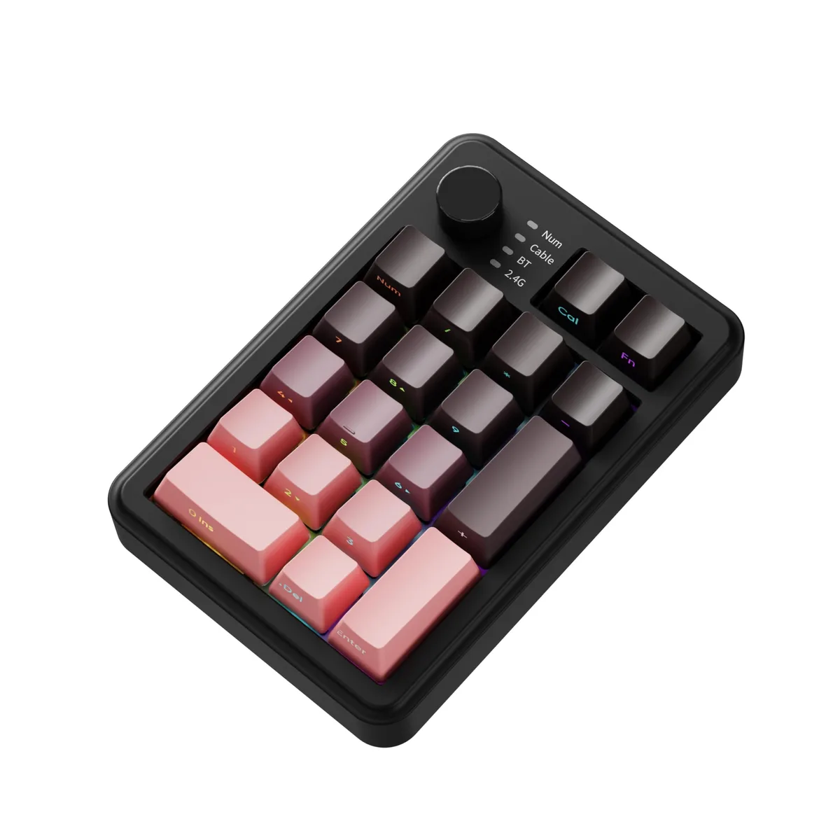 Compact wireless numpad in black berry pink with 20 keys, rotary knob and RGB backlight