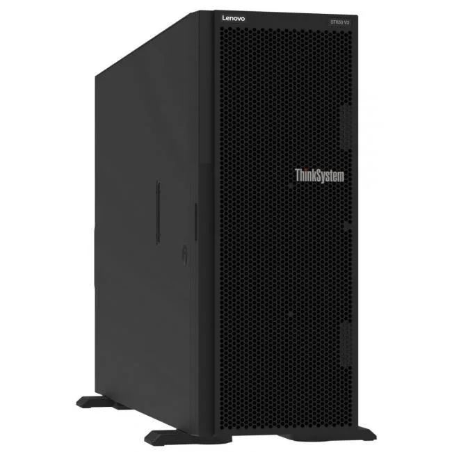 Tower server chassis in dark grey finish with front drive bays and ventilation grille