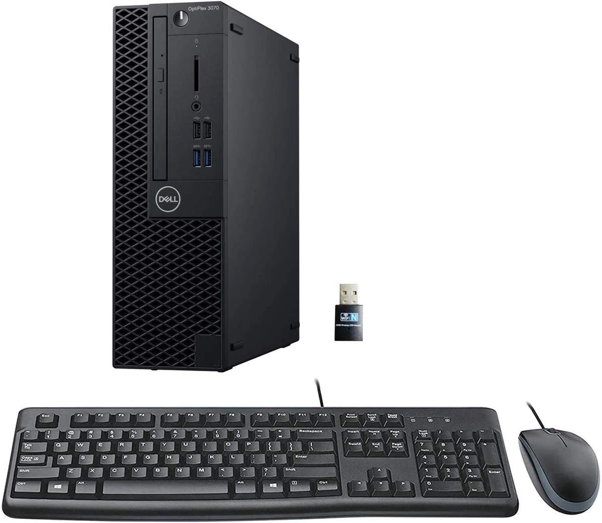 Small black Dell 3070 SFF desktop tower with keyboard and mouse