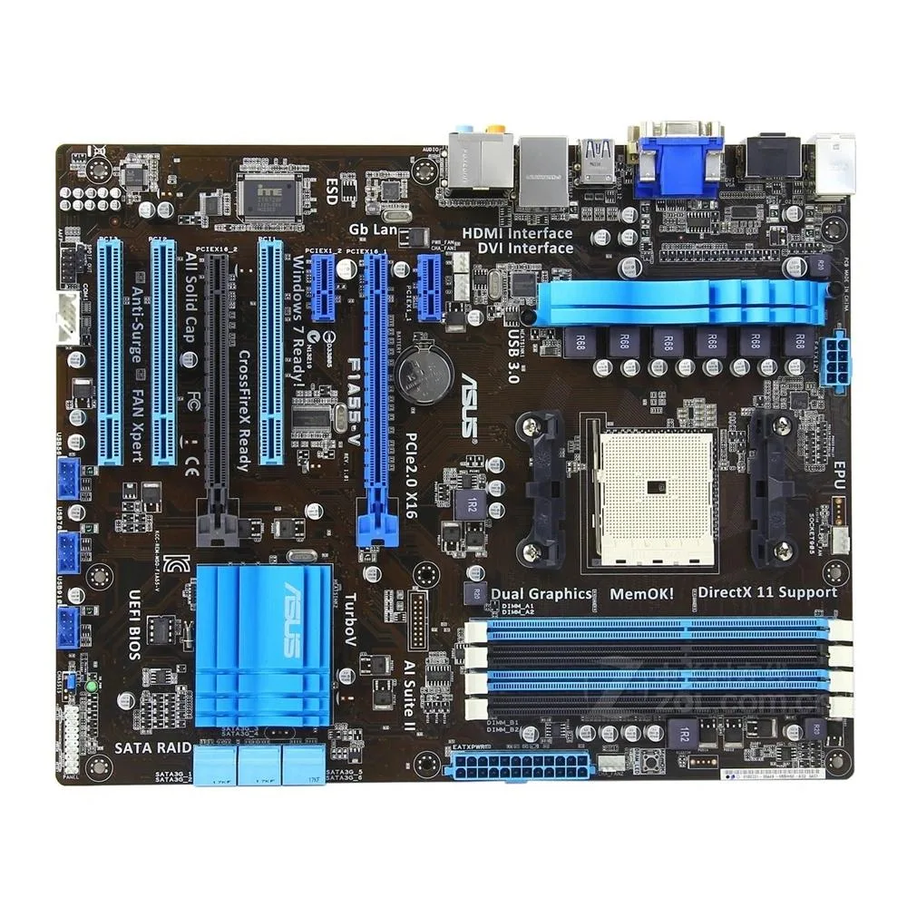 Green rectangular ATX motherboard with silver CPU socket and black memory slots