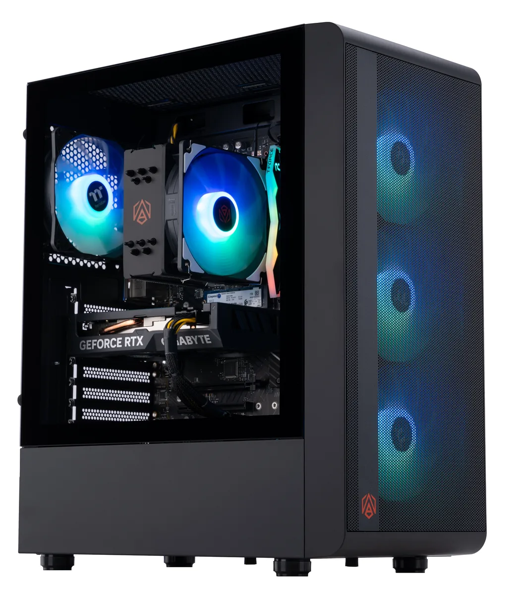 Black mid-tower gaming desktop with RGB lighting visible through side panel