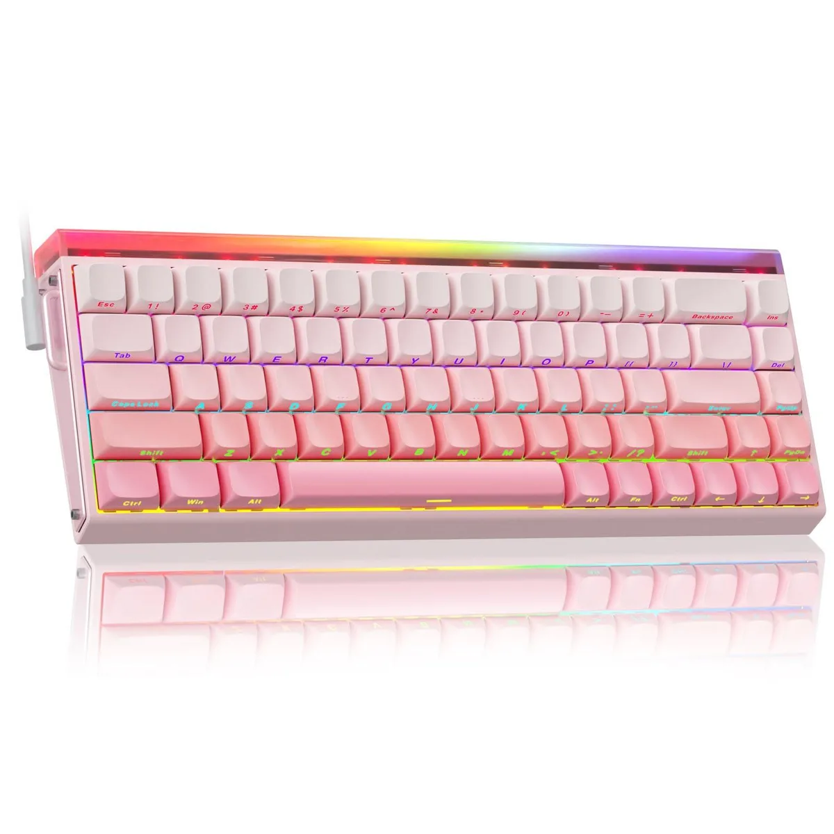 Pink 60% wired gaming keyboard with side-printed PBT keycaps and RGB lighting