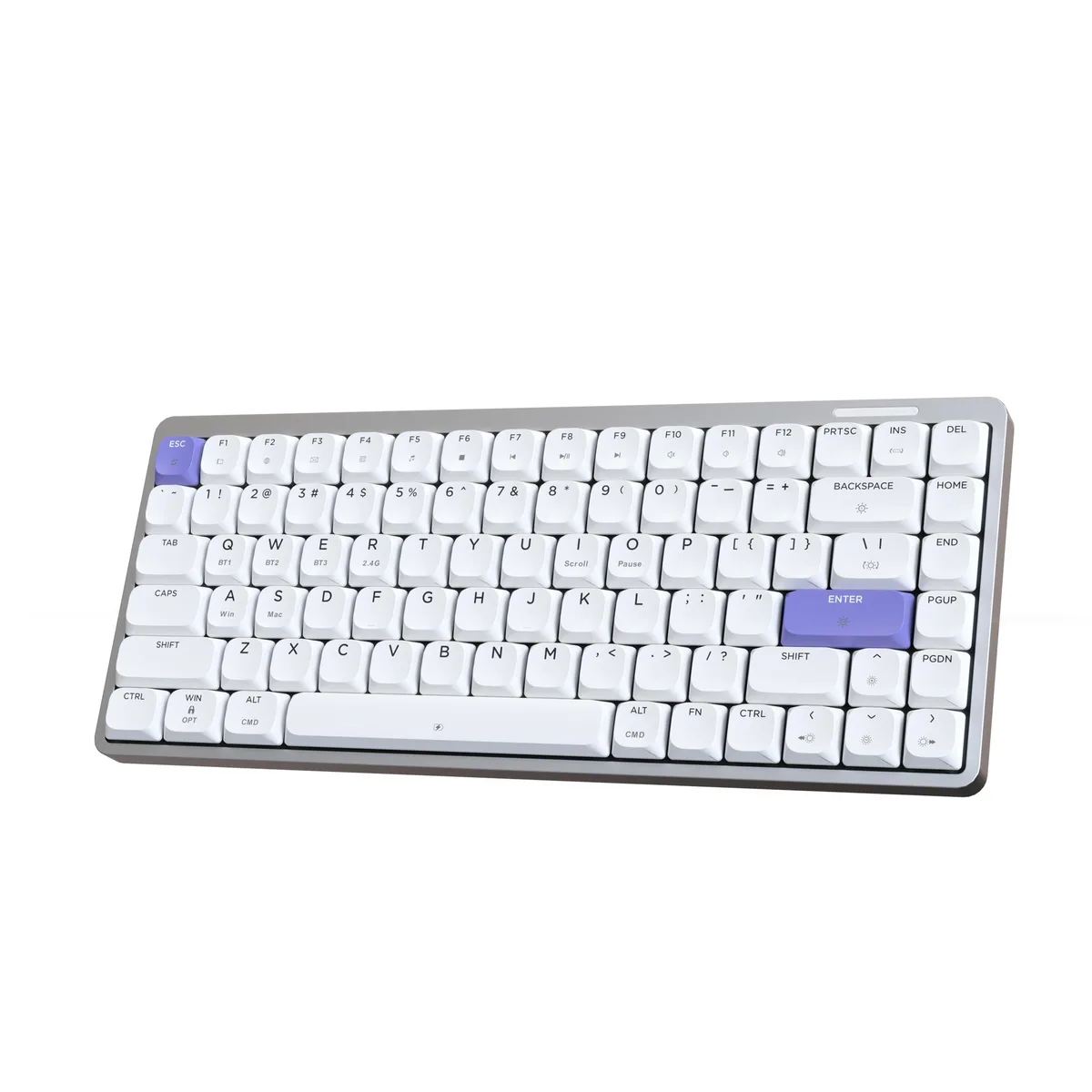 White and purple low-profile aluminium mechanical keyboard, 84 keys, slim rectangular shape, RGB backlighting