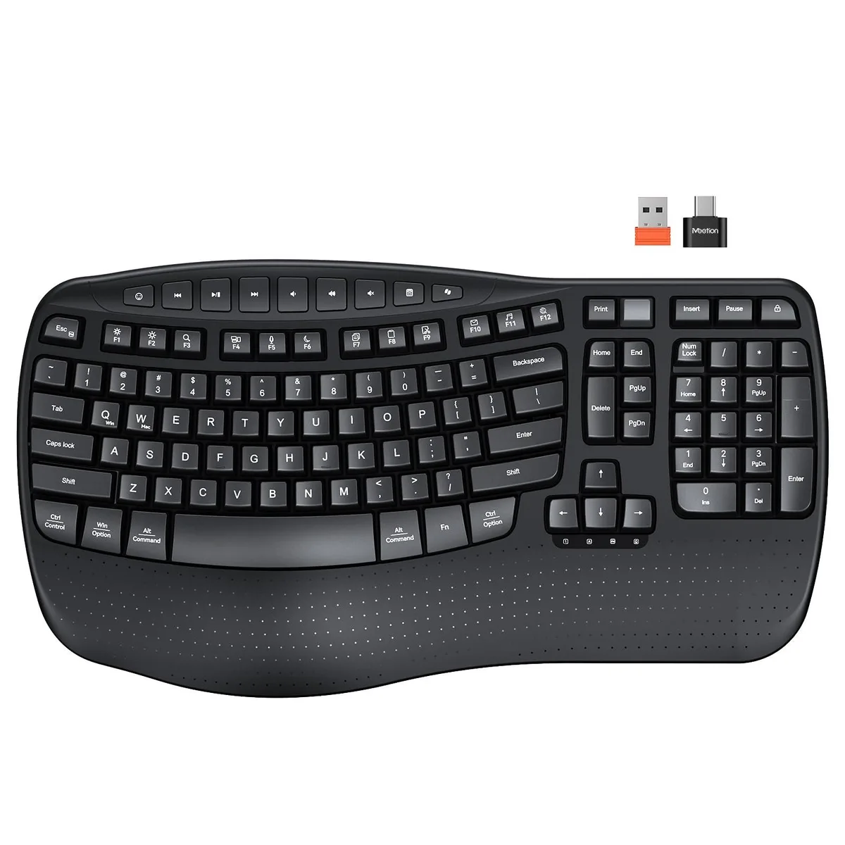 Black ergonomic wave wireless keyboard with built-in wrist rest