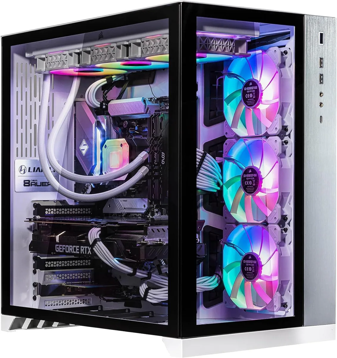 White desktop tower with 360mm liquid cooler and RGB lighting