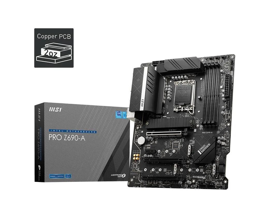 MSI PRO Z690-A motherboard, dark PCB with silver heatsinks, LGA 1700 socket, DDR5 slots, ATX layout