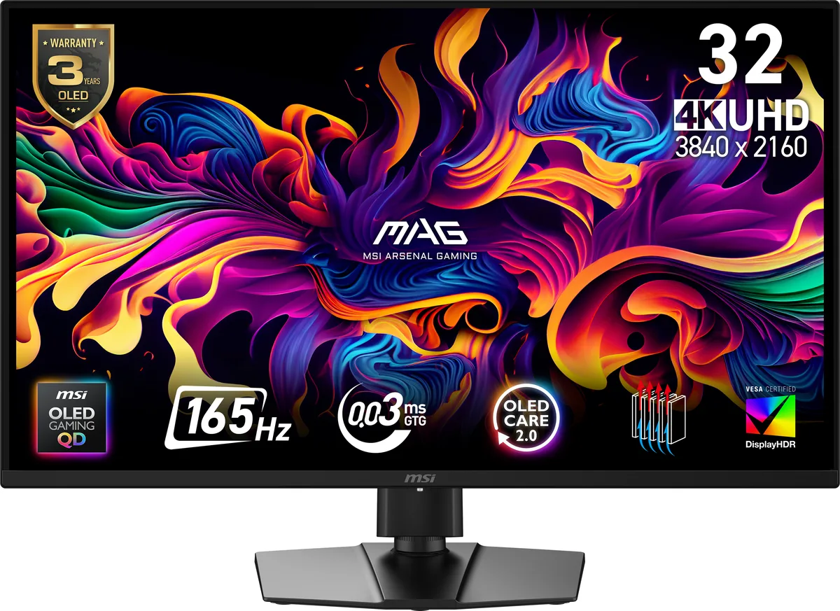Black 31.5 inch QD-OLED gaming monitor on height adjustable stand with thin bezels