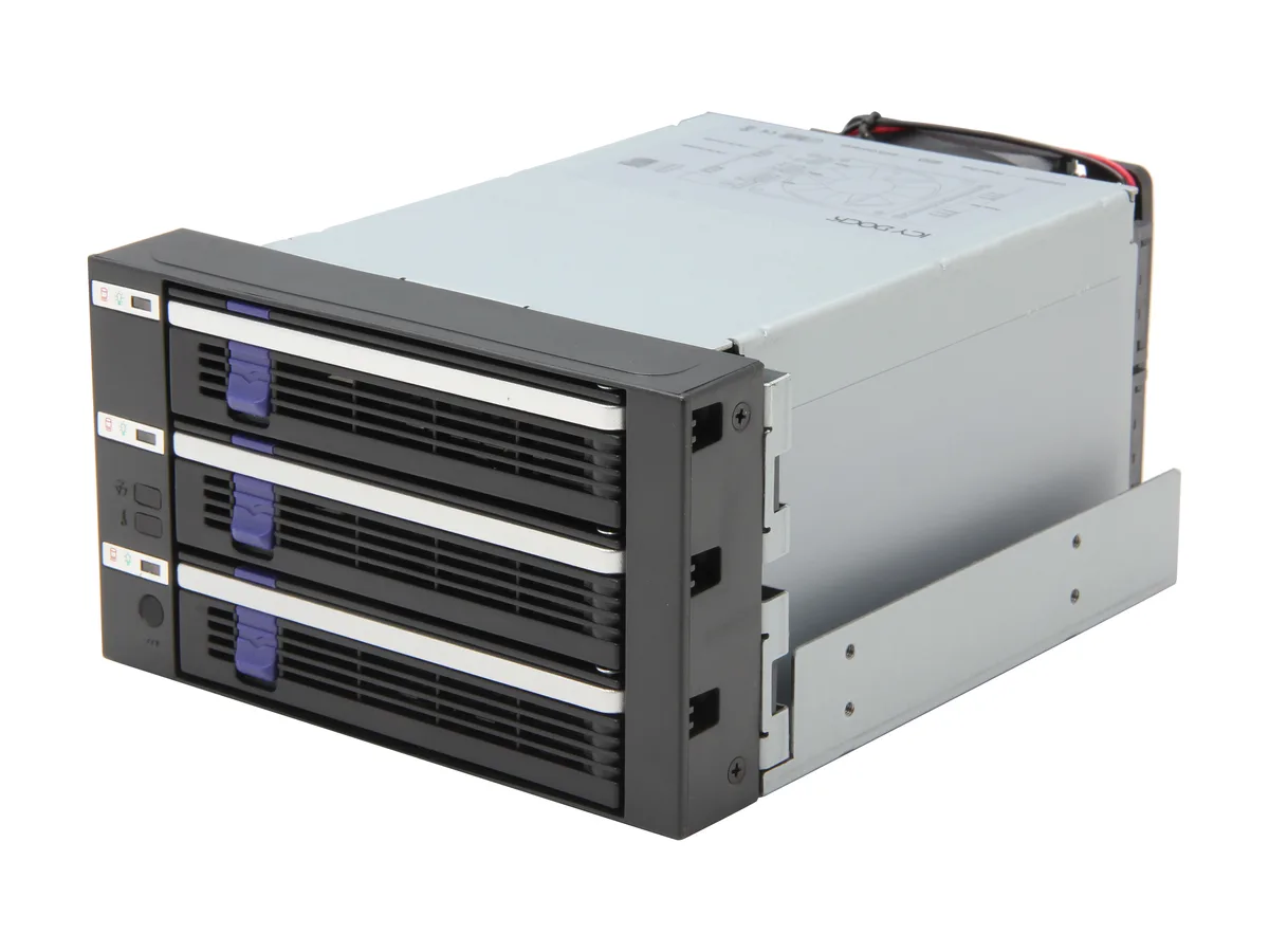 Black metal cage holding three 3.5-inch drives in two 5.25-inch bays with 80mm fan