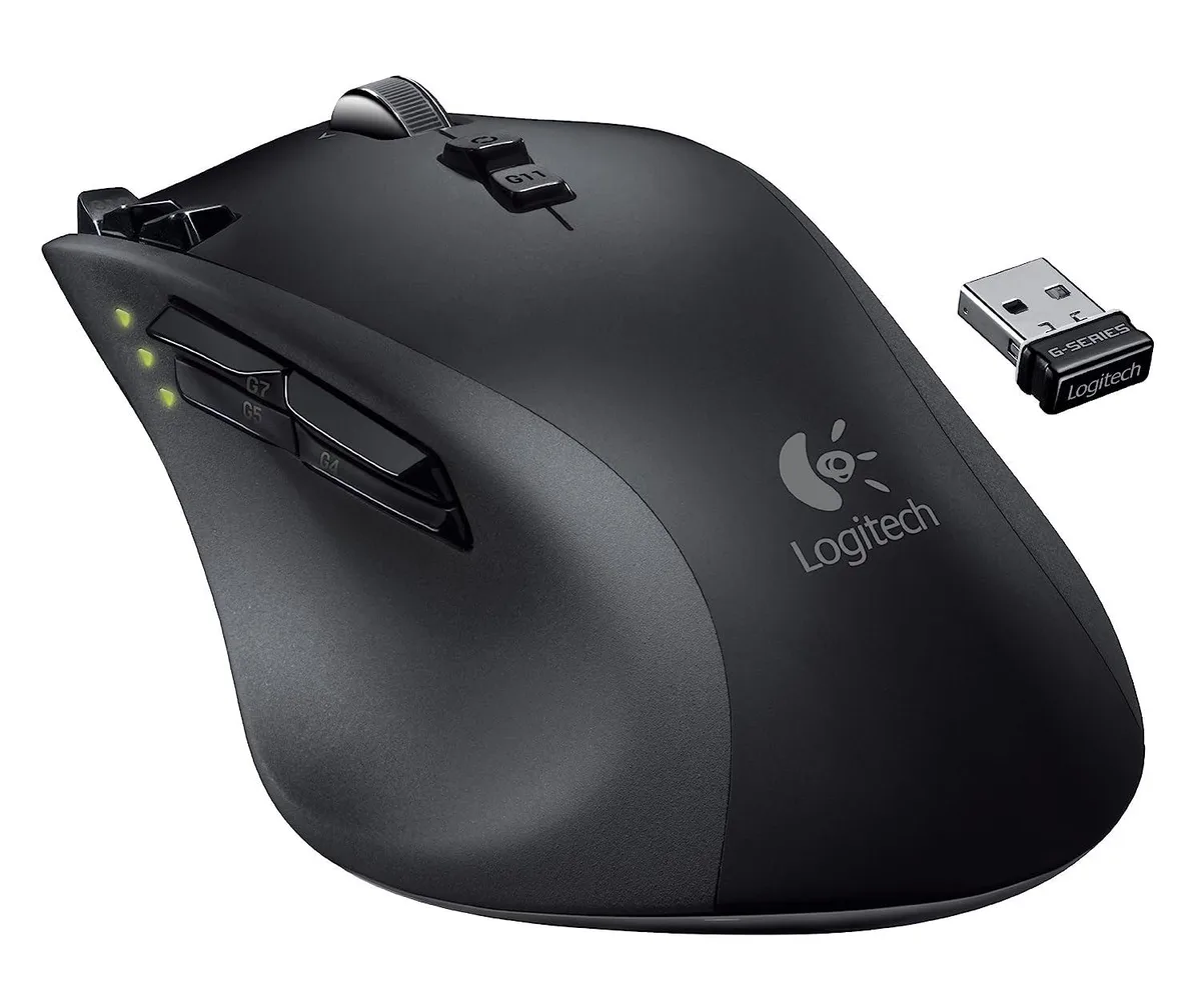 Black right-handed wireless gaming mouse with six buttons, scroll wheel and nano receiver storage
