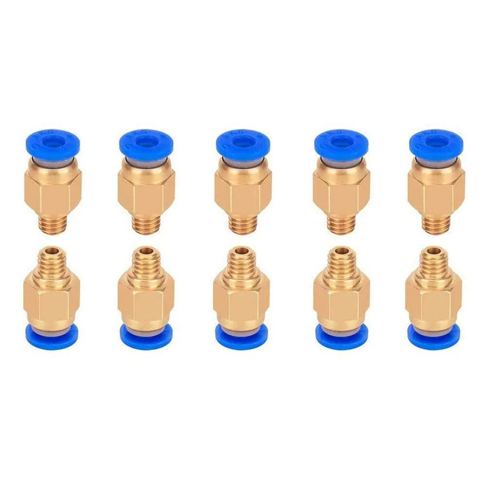 Ten small brass push-fit connectors with blue plastic collars and M6 threads