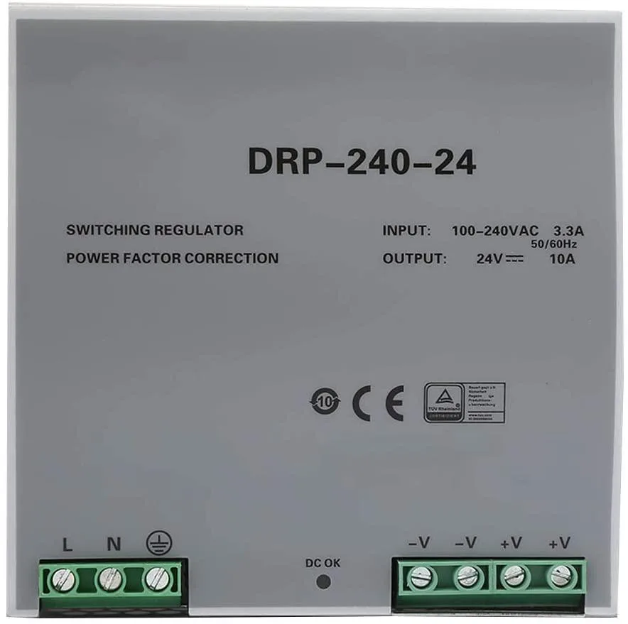 Silver metal rectangular DIN-rail power supply with ventilation slots and terminal blocks