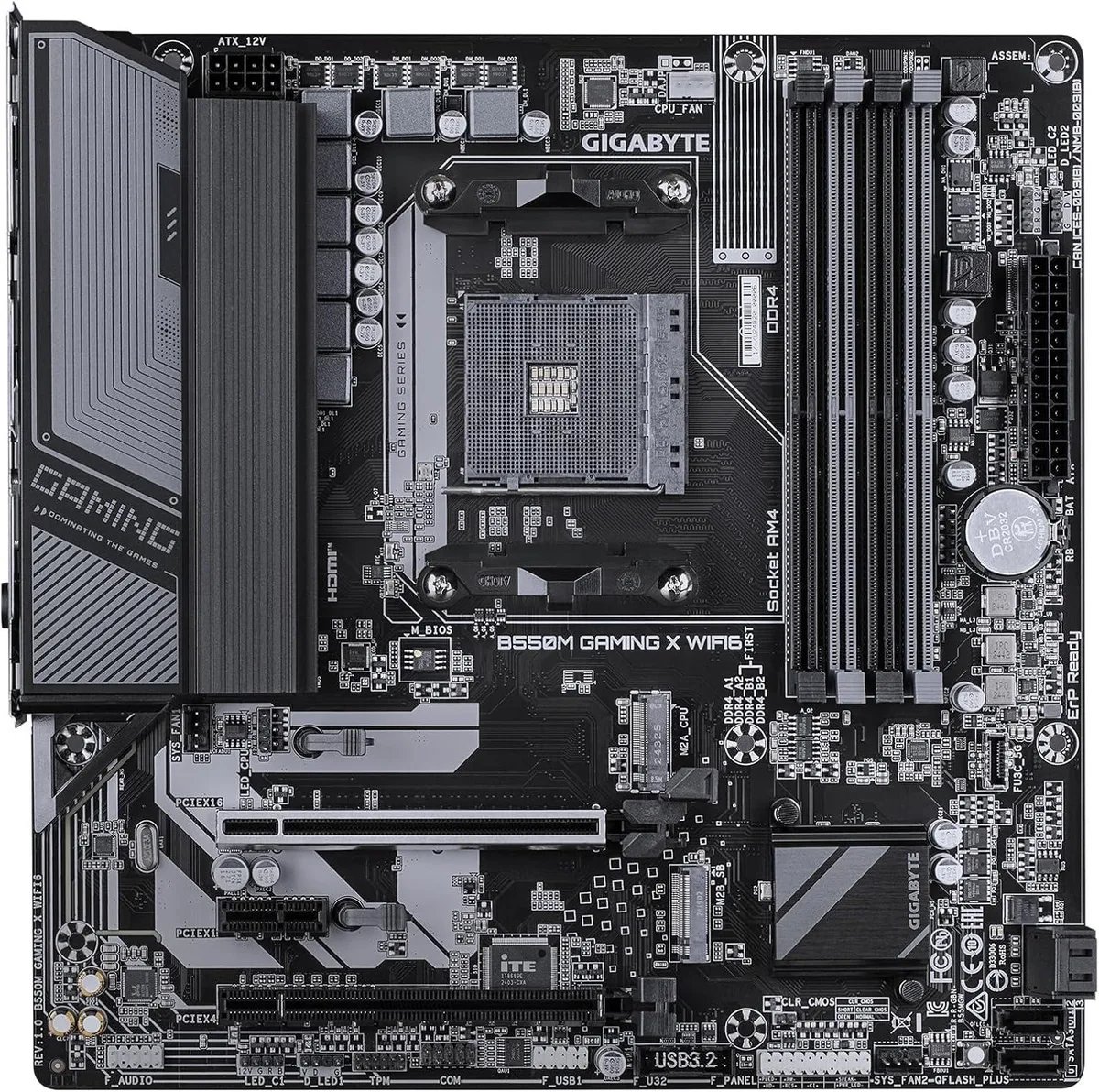 Green microATX motherboard with black I/O shield and silver PCIe slot