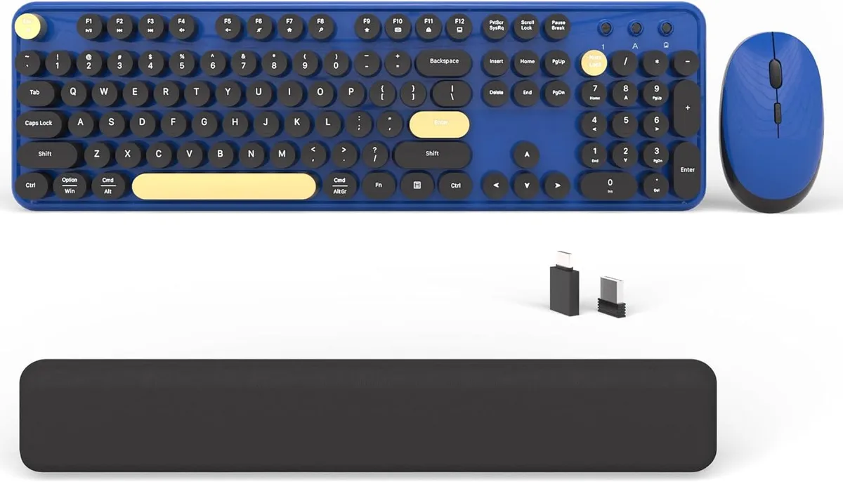 Black and blue wireless keyboard and mouse set with round retro keycaps and wrist rest