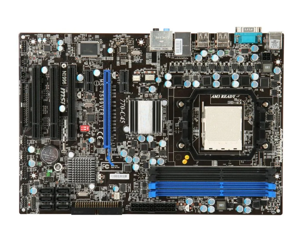 MSI 770-C45 ATX motherboard, black PCB, silver heatsinks, AM3 socket, four DDR3 slots, one PCIe x16, two PCIe x1, three PCI