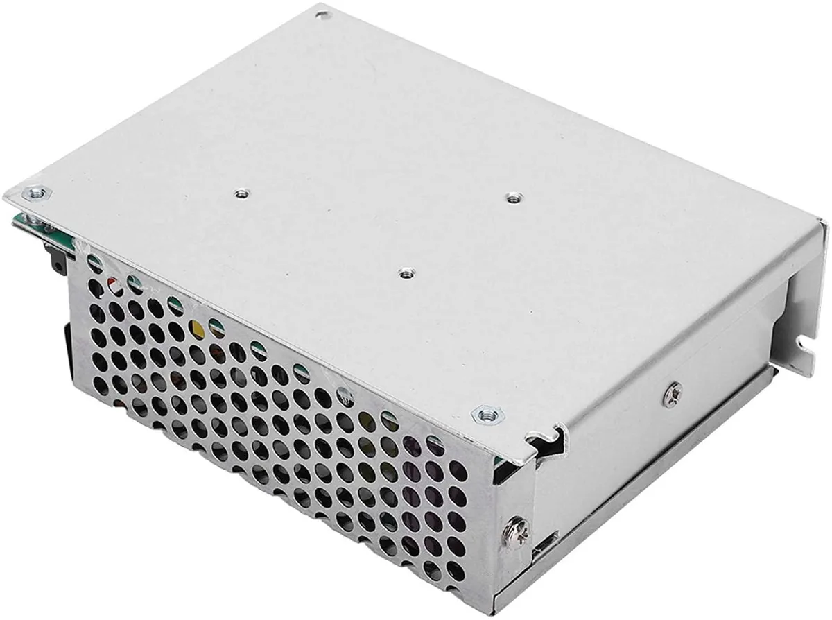 Silver aluminium box with screw terminals and voltage adjuster, 85 by 58 by 33mm