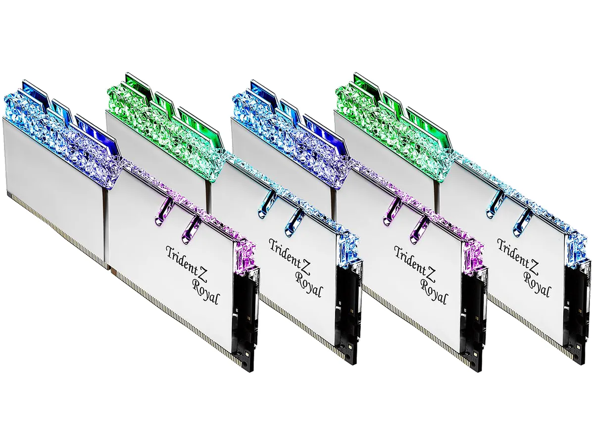 Four silver aluminium DIMMs with crystalline RGB light bars
