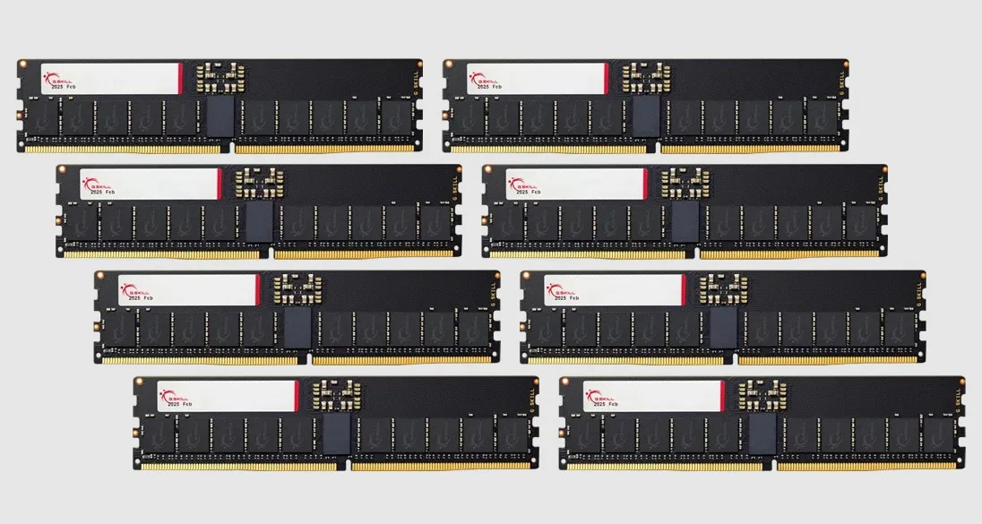 Eight bare green DDR5 RDIMM modules in a row