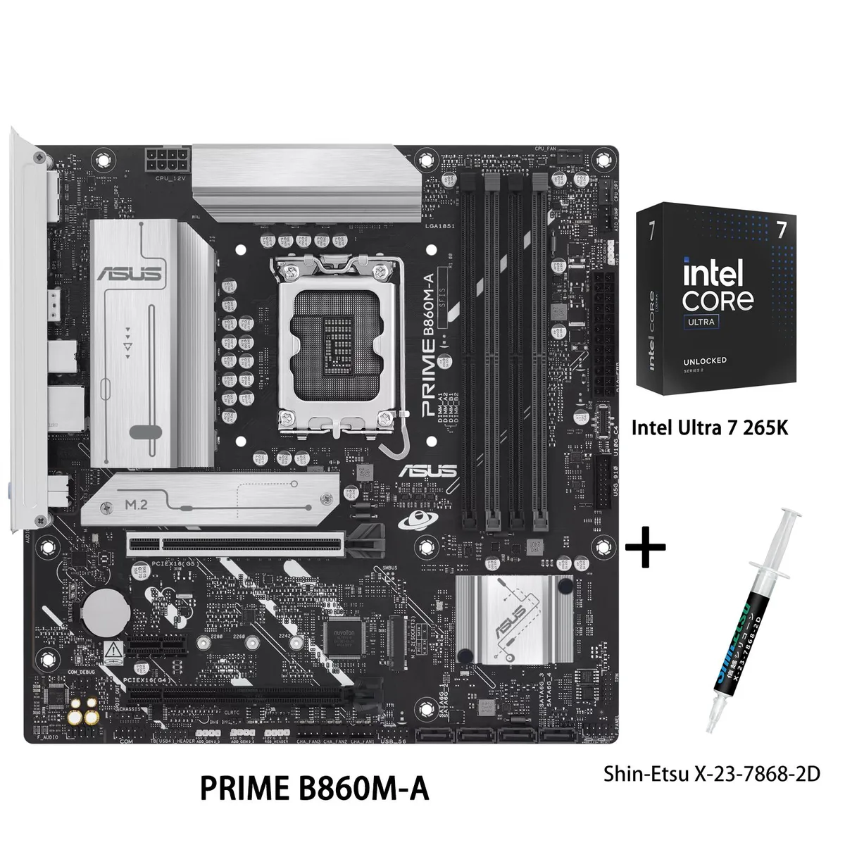 ASUS PRIME B860M-A mATX motherboard with Intel Ultra 7 265K CPU and Shin-Etsu thermal paste