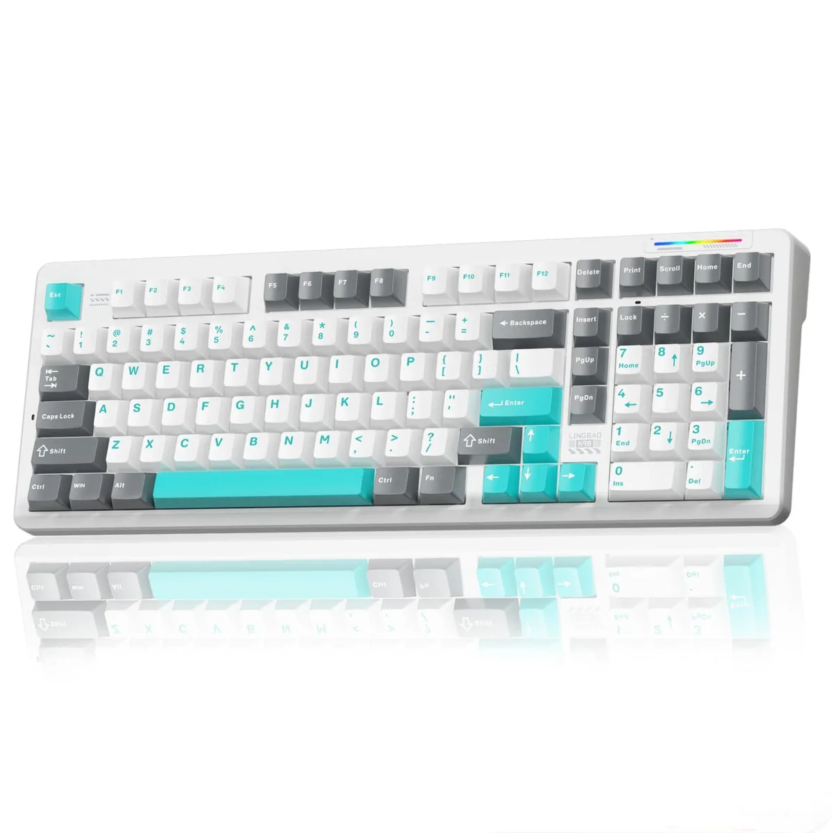 Blue 98-key wireless mechanical keyboard with RGB lighting, plastic frame, number pad, USB-C cable and keycap puller