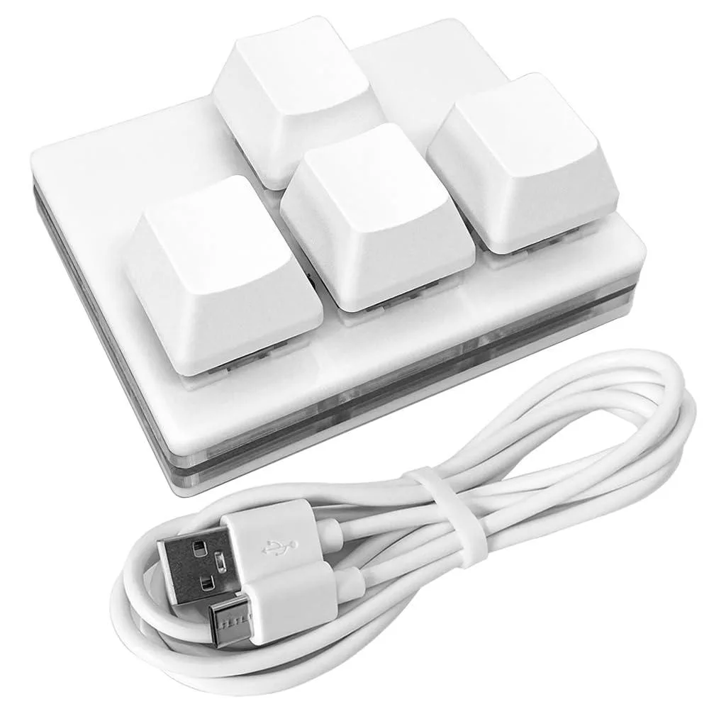 Small white acrylic four-key macro pad with RGB lighting and detachable USB-C cable