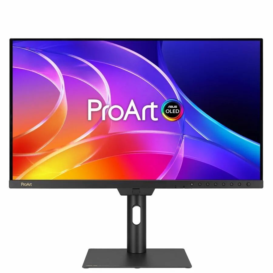 Black 31.5 inch QD-OLED monitor on adjustable stand, thin bezels, flat screen