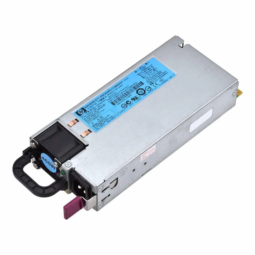 Silver rectangular server power supply unit with rear fan grille and power connector
